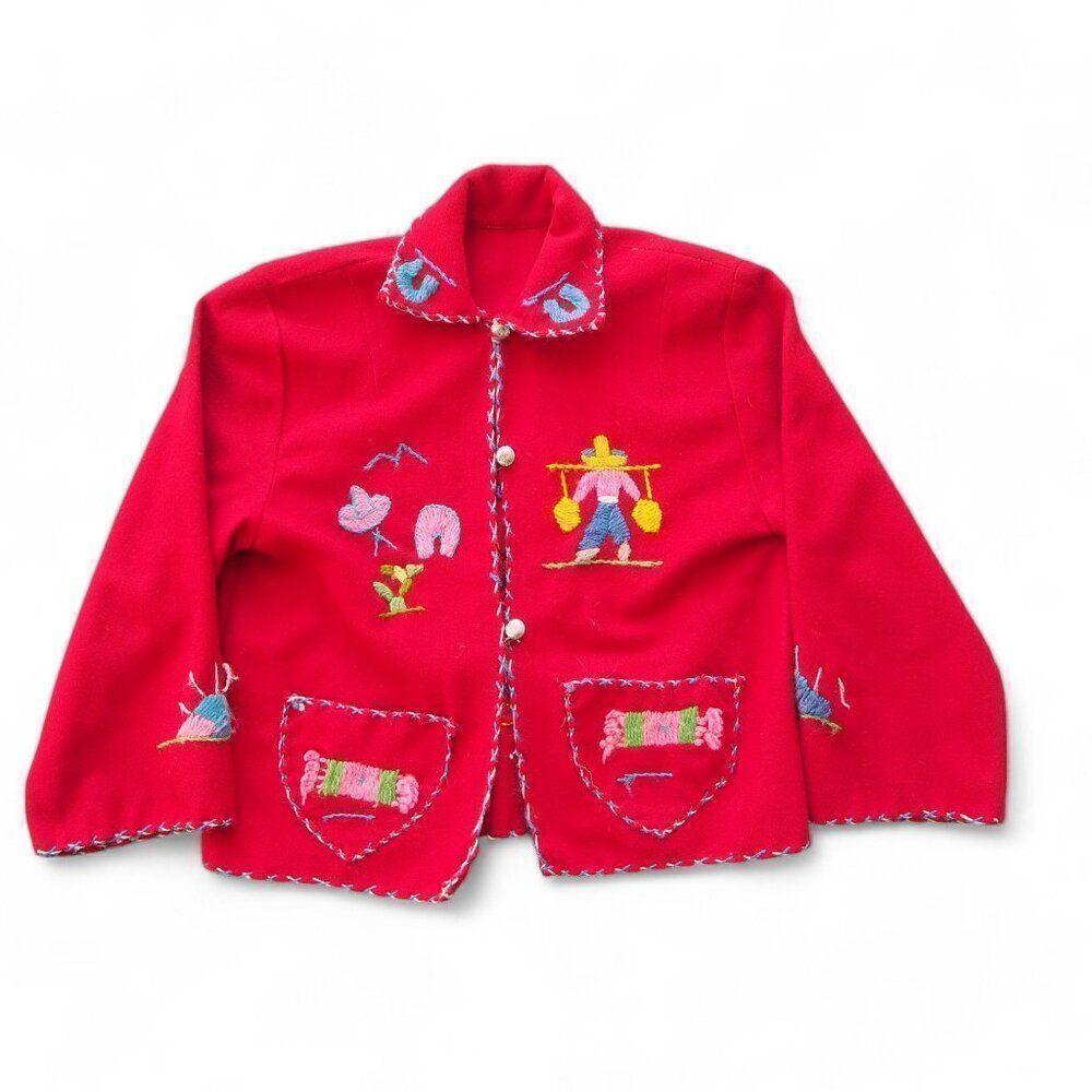 Handmade Vintage 40s‎ 50s Wool Embroidery Style Jacket Red Toddler